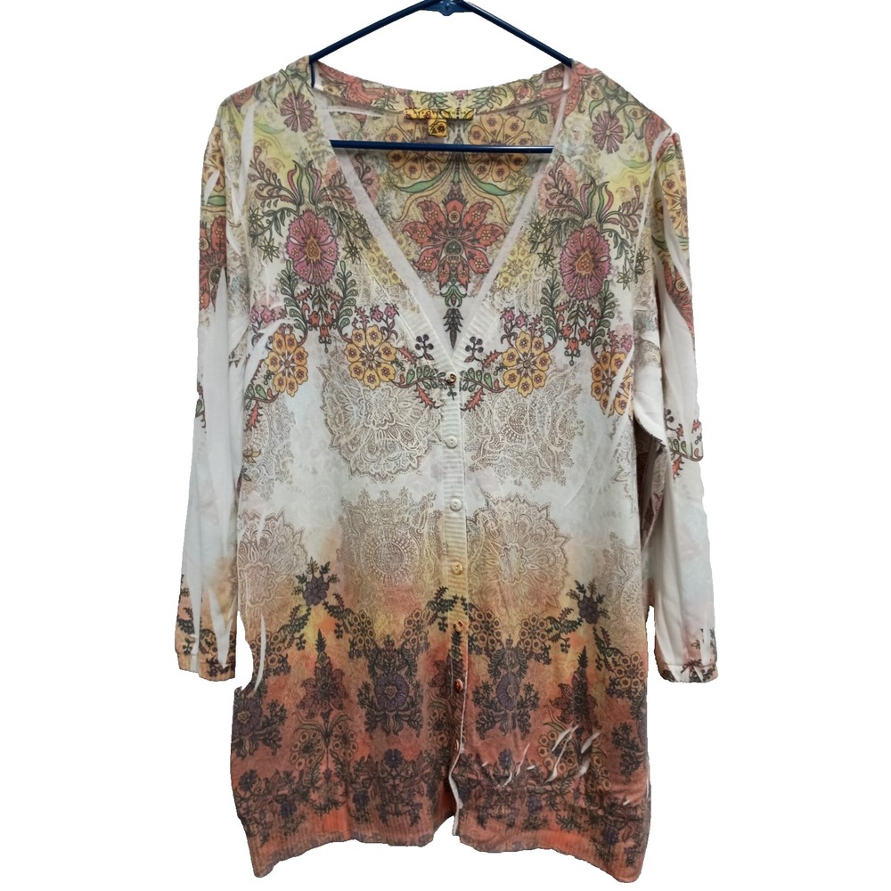 Debbie Morgan Womens Cardigan XL Floral Artsy BOHO Cottagecore Button Front